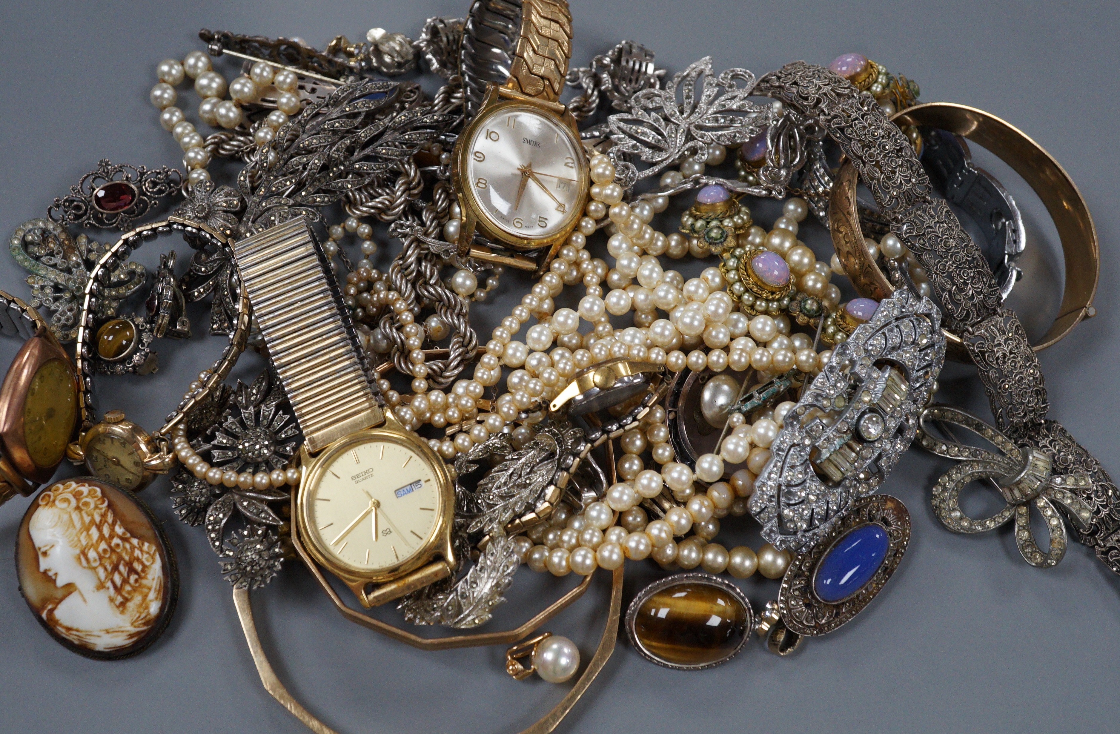 A quantity of assorted costume jewellery, including marcasite and three gentleman's wrist watches including a 9ct Record.